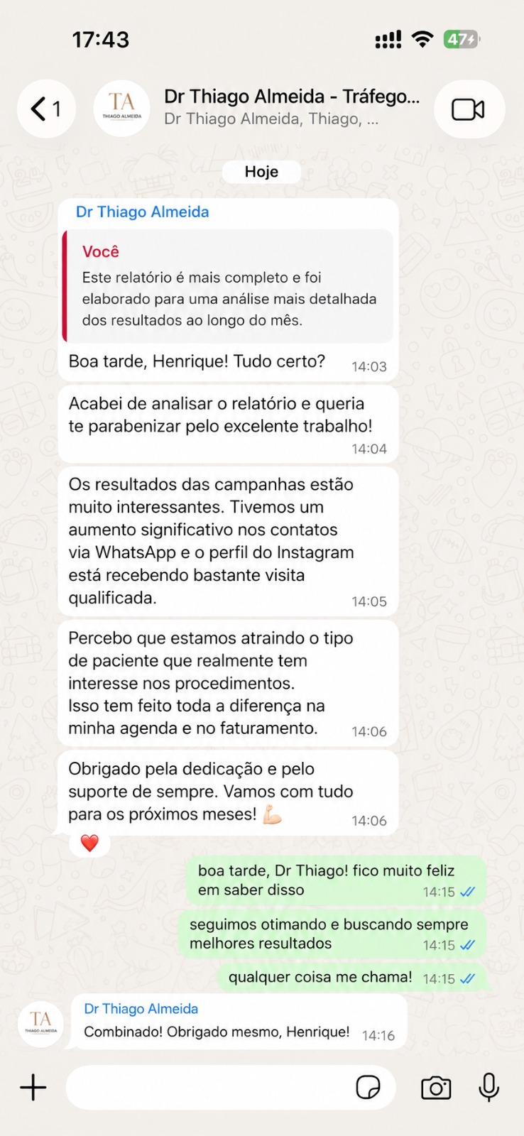 Conversa de cliente relatando resultado